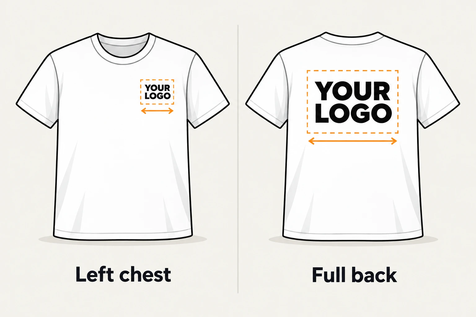 A small logo on the left chest of a tee and a large logo across the full back, each with its print width marked.