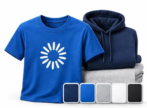 Blue T-shirt and navy hoodie with color swatches