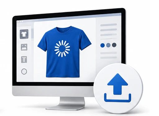 A design screen showing a T-shirt with an upload button