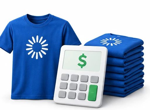 A T-shirt, a stack of shirts and a calculator