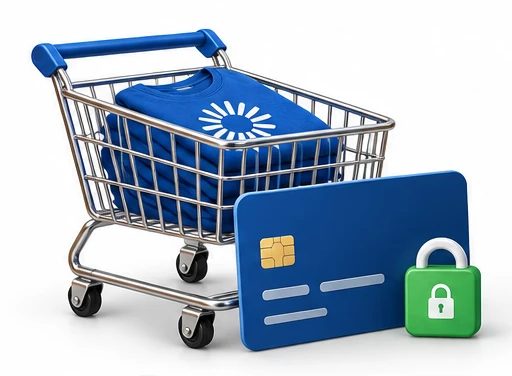 A shopping cart with shirts and a credit card with a lock