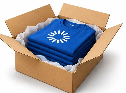 Printed shirts folded in a shipping box